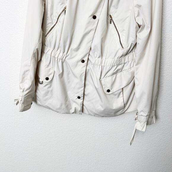 [Cole Haan] Cream Long Sleeve Utility Pocket Raincoat Packable Hood Size Large L - Picture 6 of 12